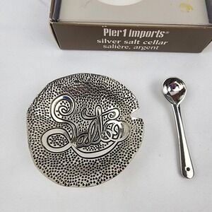 Pier 1 Imports Silver Salt Cellar‎ with Spoon, Vintage Kitchen Decor
